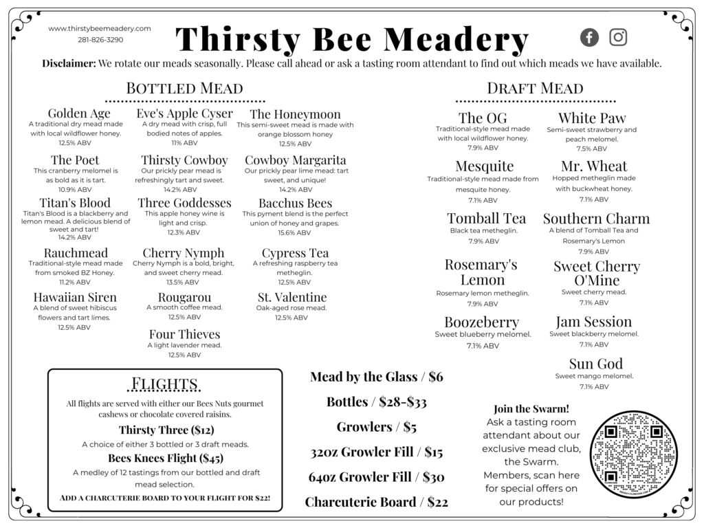 Thirsty Bee Meadery Menu
