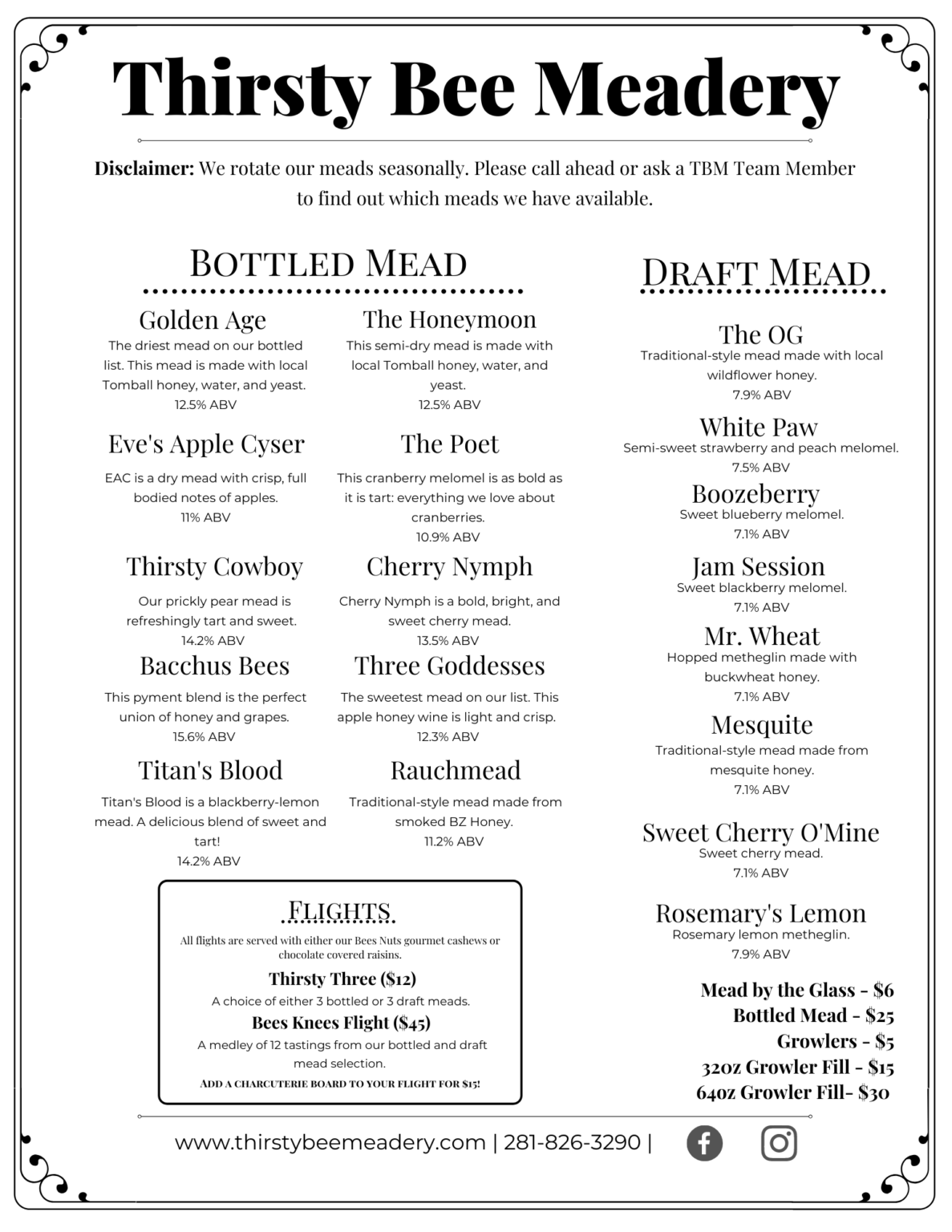 Our Menu Thirsty Bee Meadery